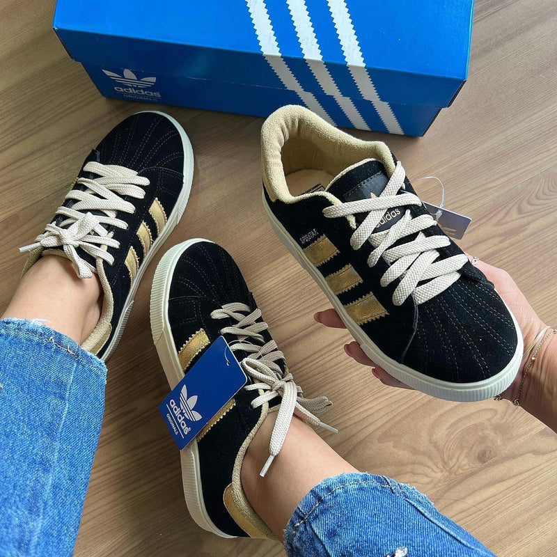 Tênis Adidas Super Star Camurça Preto e Dourado Premium - Loja Menina Maluca