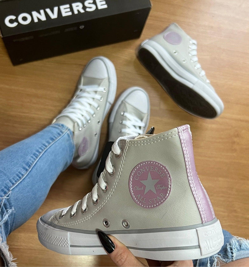 Tênis All Star Cano Alto Courino Cinza e Lilás Feminino Premium - Loja Menina Maluca