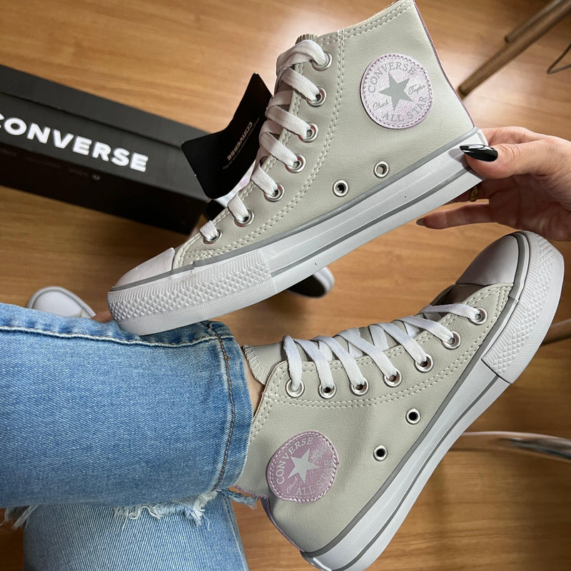 Tênis All Star Cano Alto Courino Cinza e Lilás Feminino Premium - Loja Menina Maluca