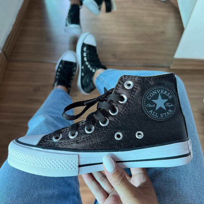 Tenis All Star Preto Brilho Cano Alto Feminino Premium - Loja Menina Maluca