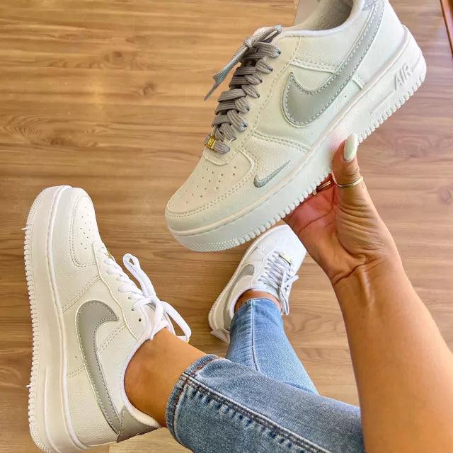 Tênis Nike Air Force Branco e Cinza Feminino Premium - Loja Menina Maluca